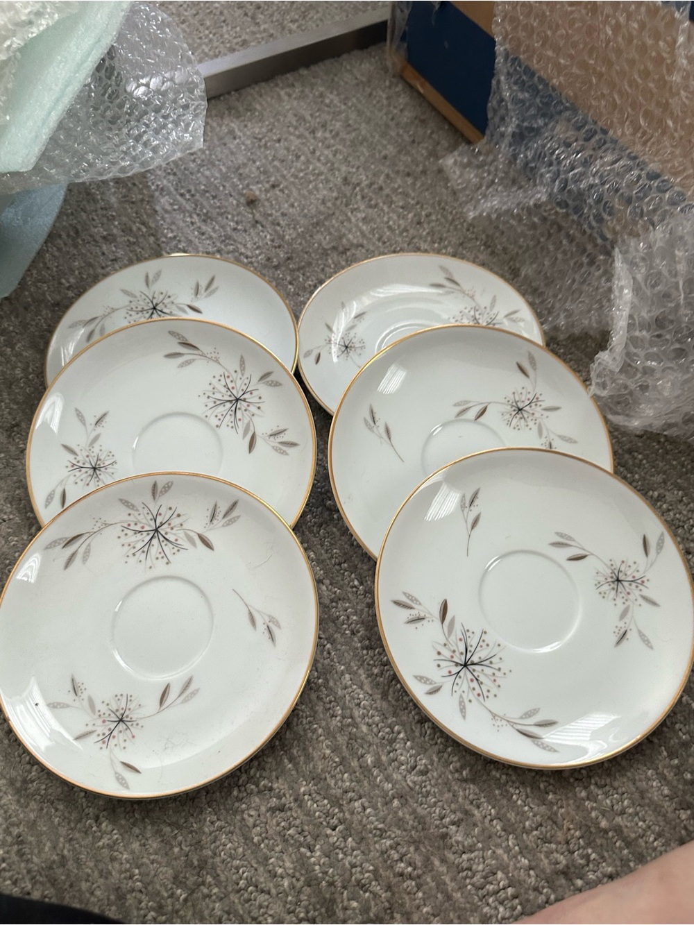 Noritake White Porcelain Saucers with Gold Rim and Taupe Floral Design